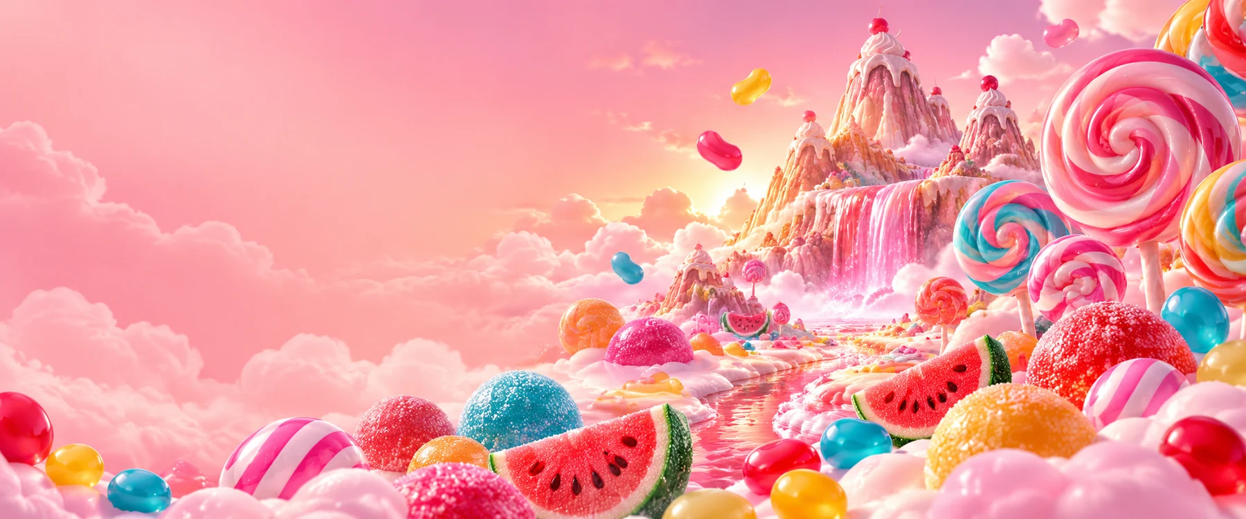 Original illustration of colourful sweets, lollipops and fruit in a candy landscape