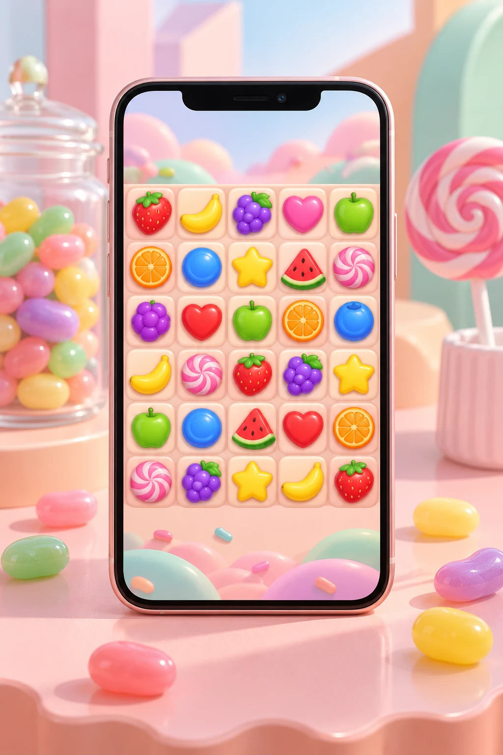 Smartphone with a generic candy and fruit grid illustration