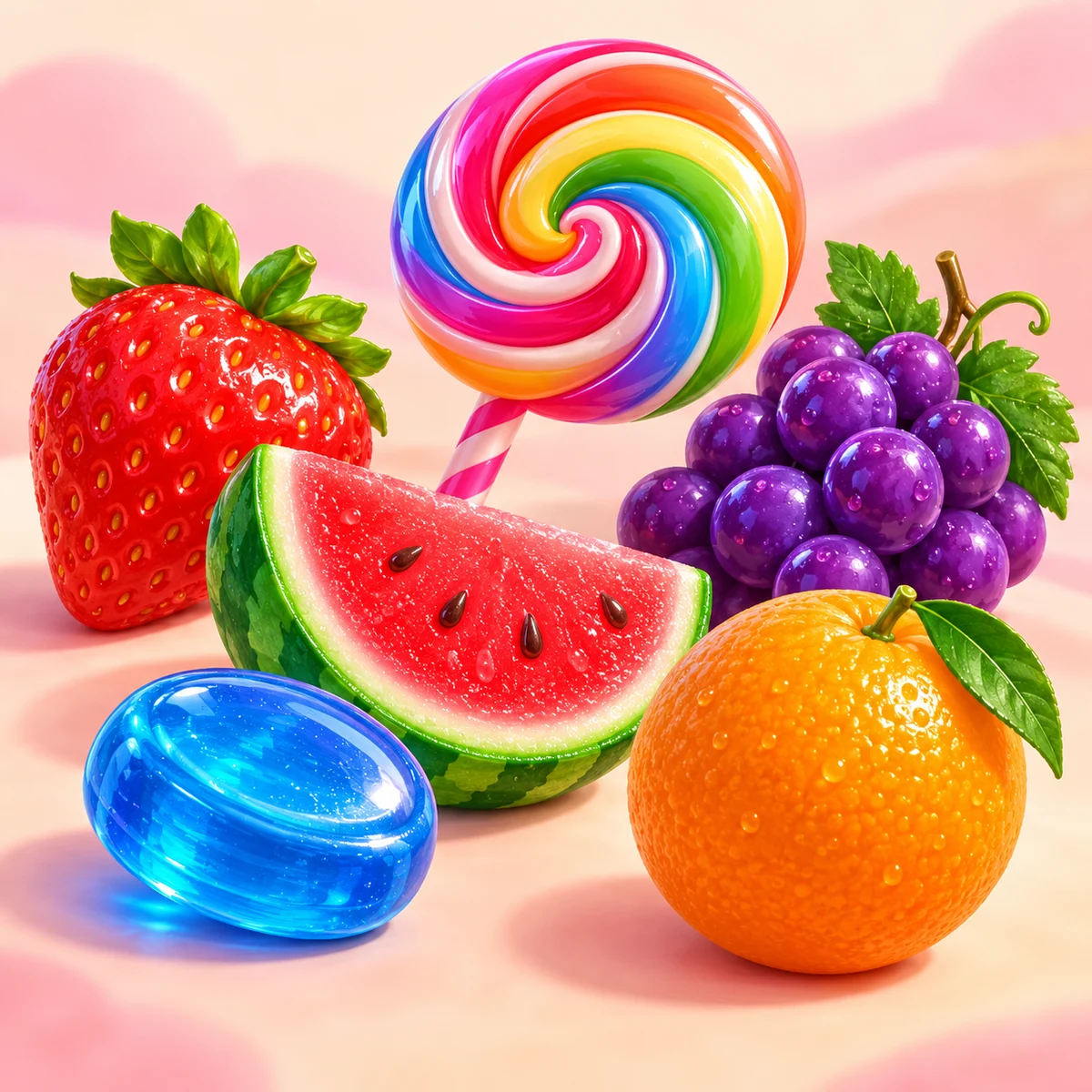 Editorial still life of fruit, candies and a rainbow lollipop